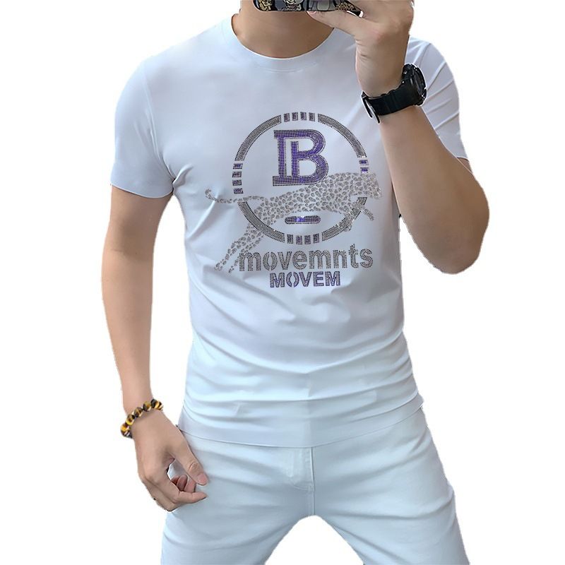 2022 Summer New O-Neck Men's T-Shirts Printing Cheetah Letter Hot Diamond Design Personalized Fashion Slim Thin Multi-Color Tees