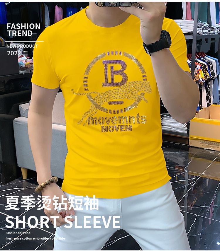 2022 Summer New O-Neck Men's T-Shirts Printing Cheetah Letter Hot Diamond Design Personalized Fashion Slim Thin Multi-Color Tees